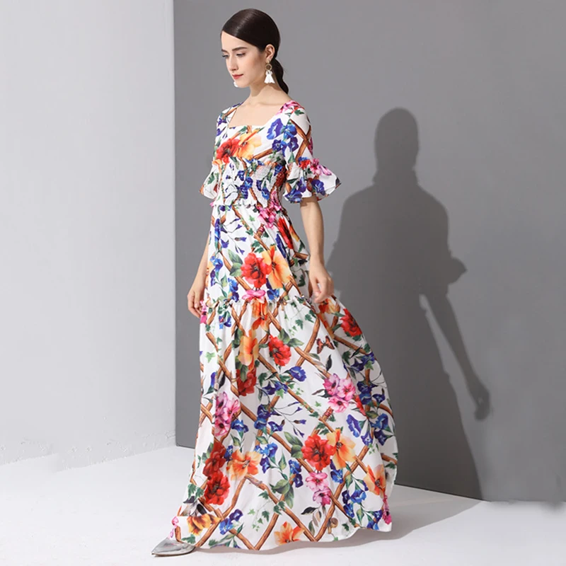 Новинка 2017 года Осенняя мода довольно квадратный воротник печати длинное платье