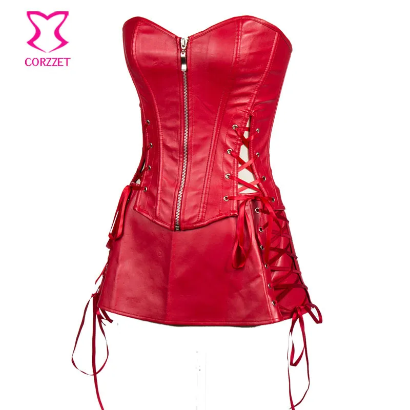 Корсет и юбка Corzzet в стиле стимпанк красный кожаный корсет на молнии с вырезами