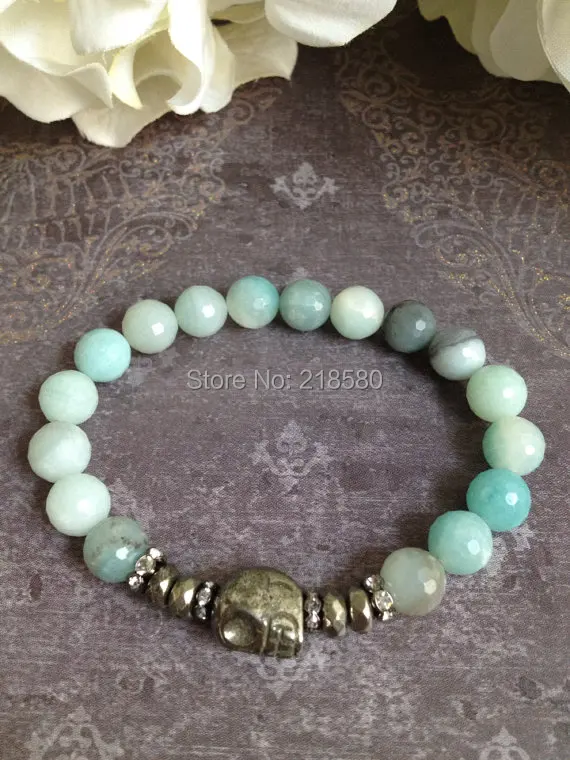 Amazonite Beads Stretch Bracelets Pyrite Skull  Bracelets  BM21710