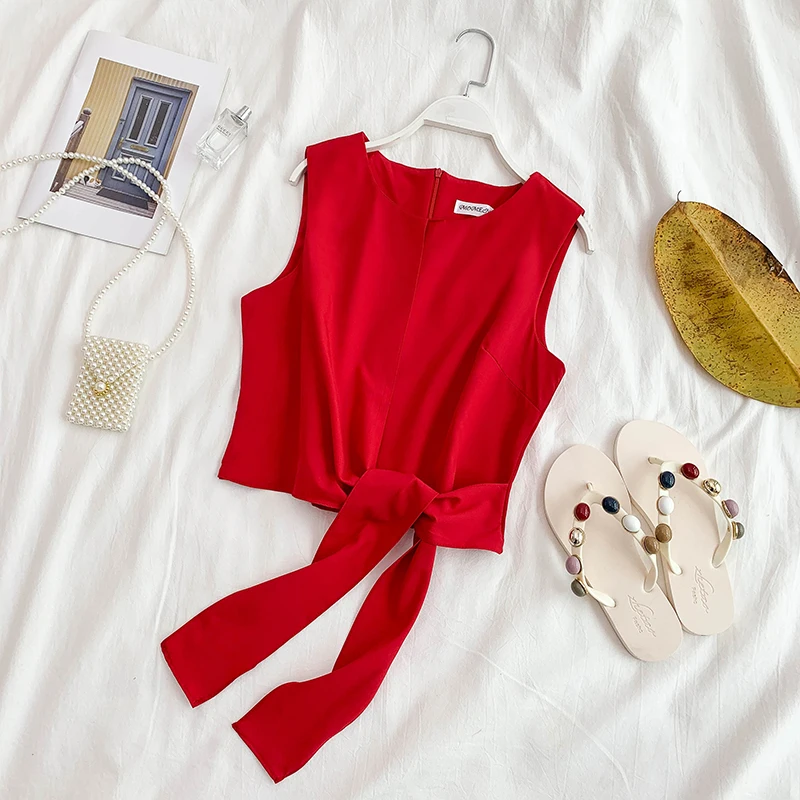 Блузка женская винтажная однотонная с круглой шеей без рукавов 2019| |