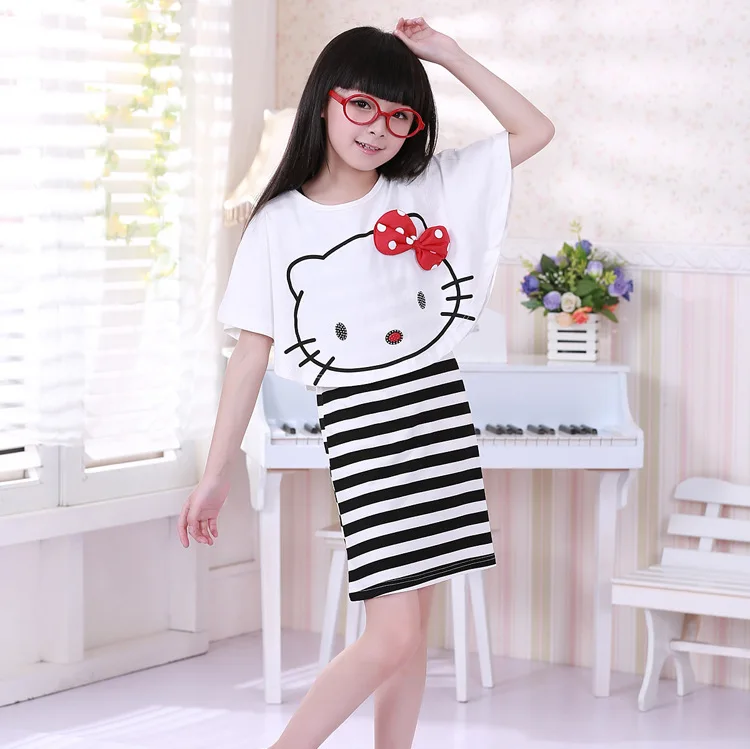 Комплекты одежды для девочек Футболка с принтом hello kitty + платье в полоску детская
