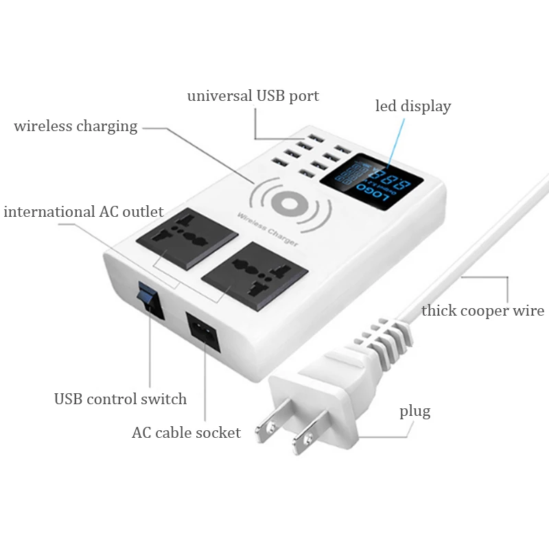 Беспроводное зарядное устройство CDA10W с 8 usb-портами 2 гнезда переменного тока