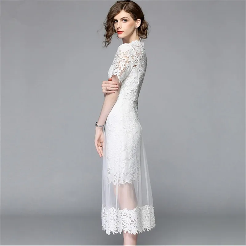 Summer Female Mesh Patchwork Long Lace Dress Women O-Neck Work Casual Party Slim Sexy White Dresses Vintage Vestidos | Женская одежда