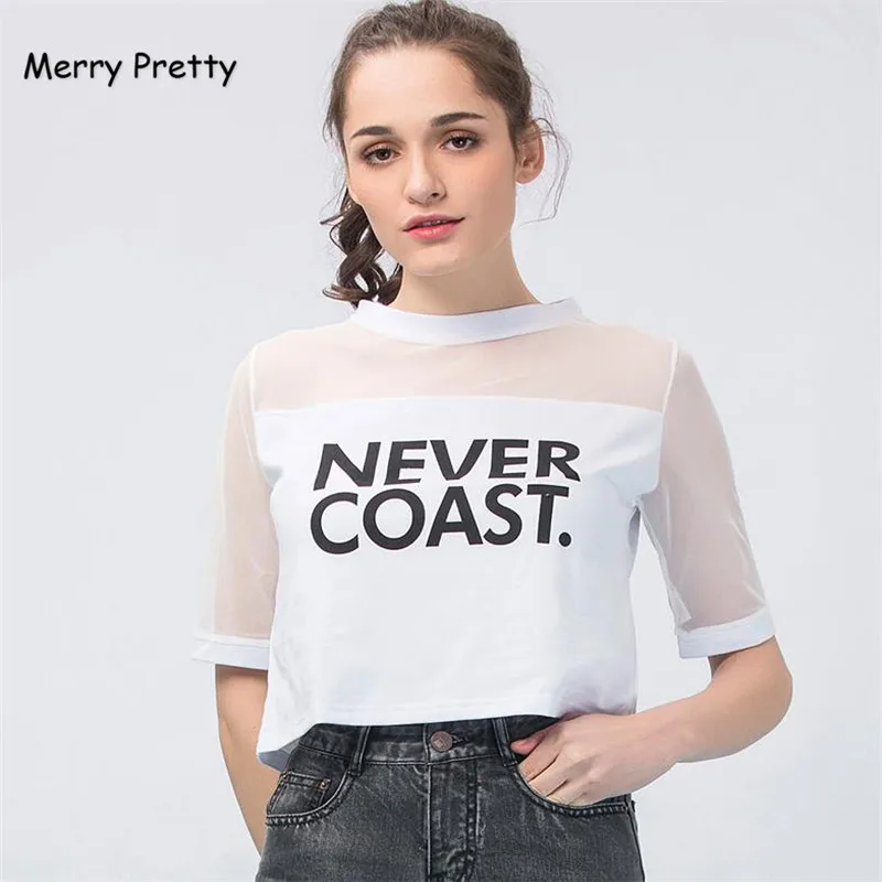 Merry Pretty/летние женские футболки с принтом «NEVER COAST»; Сетчатая футболка в стиле панк; винтажный топ с вырезами для девочек; топы для танцев