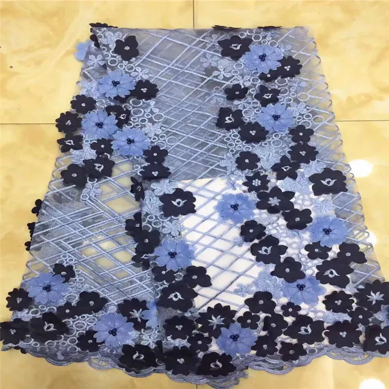 Новейшая синяя вышитая французская чистая кружевная ткань 3D цветок африканский тюль сетка кружевная ткань Высокое качество африканская кружевная ткань