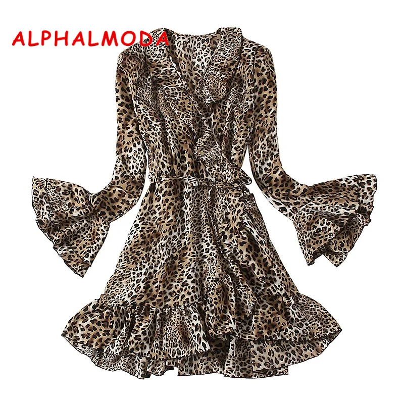 

ALPHALMODA 2019 Spring Ladies Ruffled Leopard Print Long-sleeved A-line Dress Ruffled V-collar Wrap Sashes Women Casual Vestidos