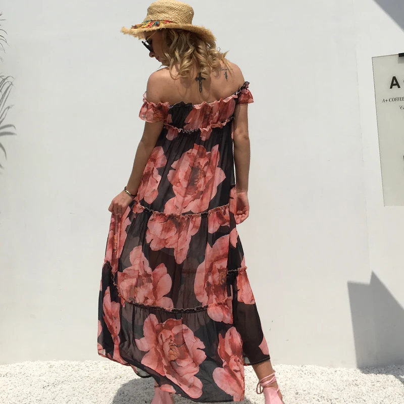 Для женщин Макси Boho Вечерние Длинное платье печать с плеча 2018 Популярные рукавов