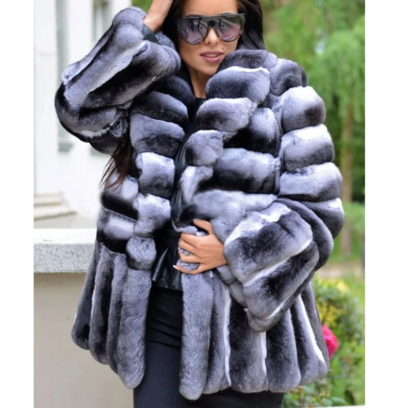 Medium Length Natural Fur Coat Women Real Rex Rabbit Fur Jackets With Hood Chinchilla Color Luxury Fur Overcoats 2022 Trendy