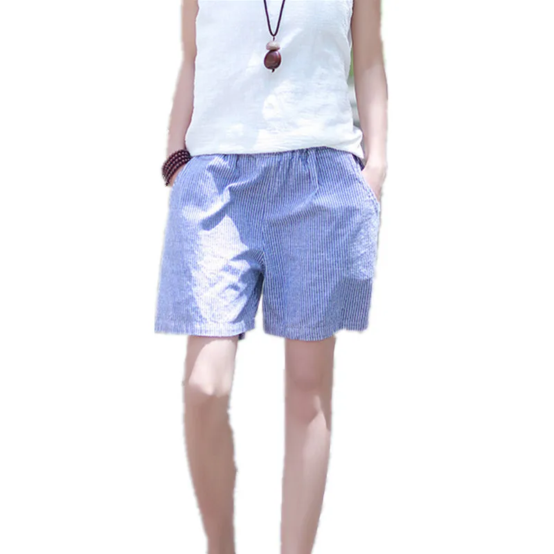 Шорты женские льняные с вертикальными полосками и широкими штанинами Свободные