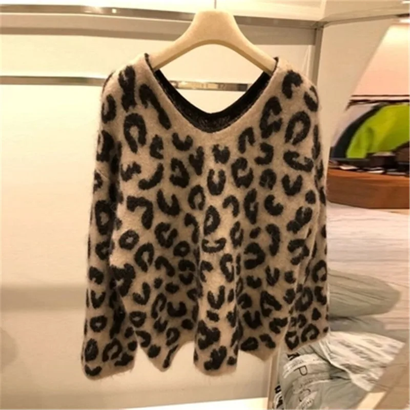 Женская зимняя одежда свитер v-образный вырез с Длинным Рукавом Леопардовый