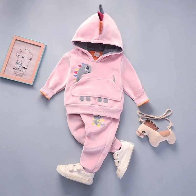 Winter Baby Clothes Set Long Sleeve Fleece 1-3Y Cartoon Boys Hooded sweatshirt+ velvet Pants Thick Warm Suits |