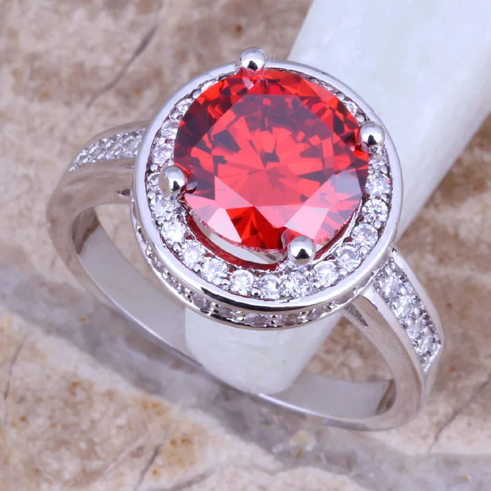 Классический красный гранат Белый CZ посеребренный Размер кольца 6/7/8/9 E435|ring size|women