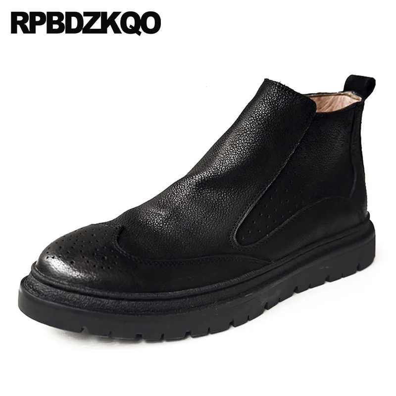 

Black Faux Fur Brogue Booties Formal Winter Slip On Shoes Chelsea Wedding Business Mens Zipper Dress Boots Wingtip Full Grain