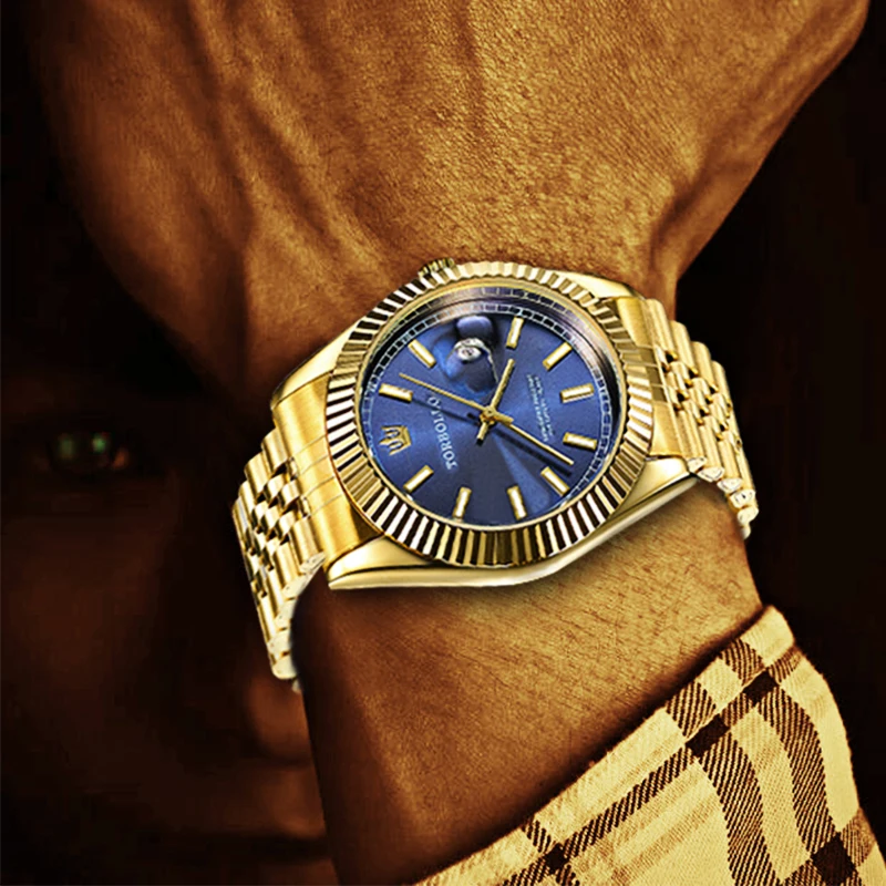 

Men's Watch TORBOLLO Fashion Quartz Watch Men Date Blue Gold Steel Waterproof Male Wrist Watch relogio masculino