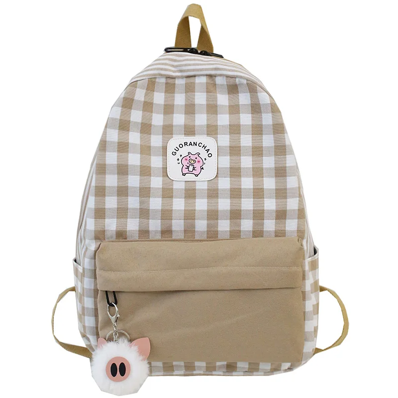Student Female Pig Plaid Backpack Cute Women Canvas School Bags Girl Kawaii Backpack Fashion Book Ladies Teenage Bag Luxury New - Цвет: khaki