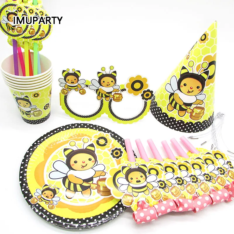 

6pcs Cartoon bumble bee Party Disposable Tableware Cups Plates Hats Straw Birthday Party Decorations Kids for 6 Person