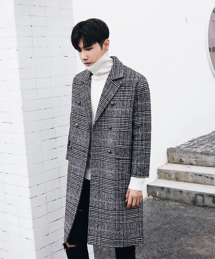 New Winter Double-breasted Plaid Wool Coat Men Loose Blends Windbreaker Fashion Vintage Tartan Long Men's Outerwear DS50825
