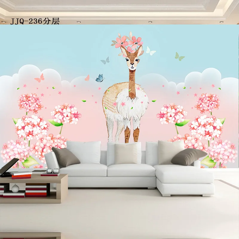

Romantic cute Sika deer wallpaper warm pink girl wallpaper children room bedroom 3D TV background wall decoration custom mural