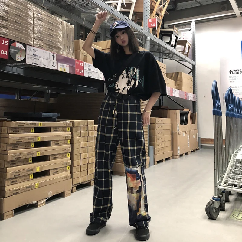 Woherb Harajuku, женские и мужские винтажные клетчатые брюки с принтом, брюки с эластичной талией, хип-хоп стиль, уличная одежда,, свободные прямые брюки
