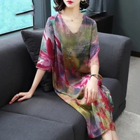 imitate real silk dress plus size new spring summer women dress loose half sleeved print a line dresses beach casual clothes