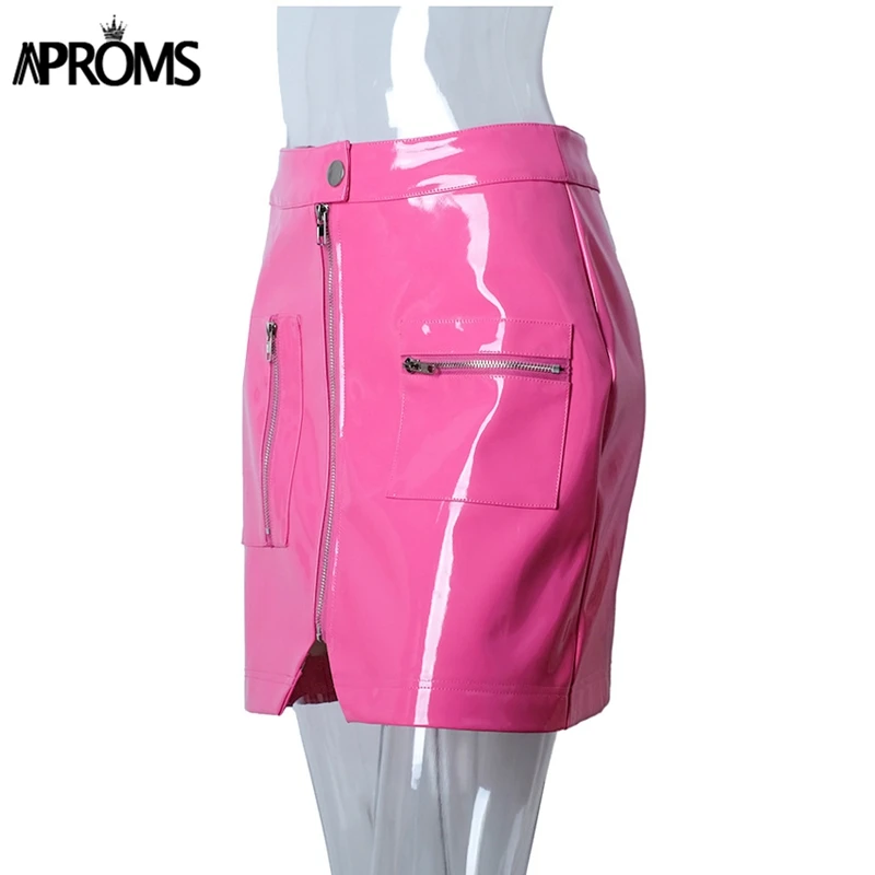 Aproms розовая юбка-карандаш из искусственной кожи для женщин, Осень-зима, Короткие мини юбки для женщин, сексуальная уличная одежда, юбка на молнии спереди