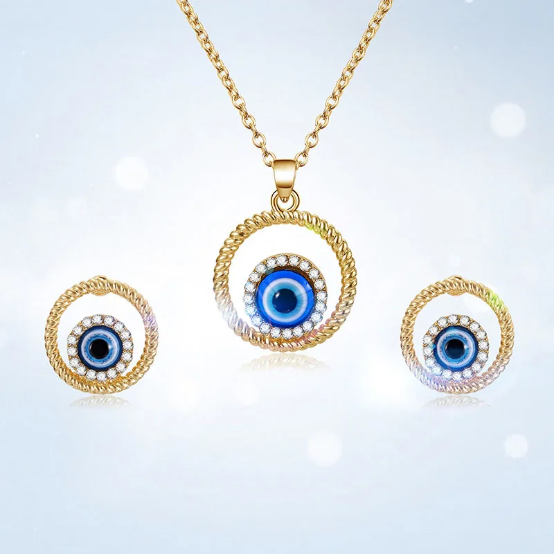 2019 New Design Women Jewelry Sets Rhinestone Blue Eye Patten Pendant Necklace Earrings Elegant Party Gift | Украшения и
