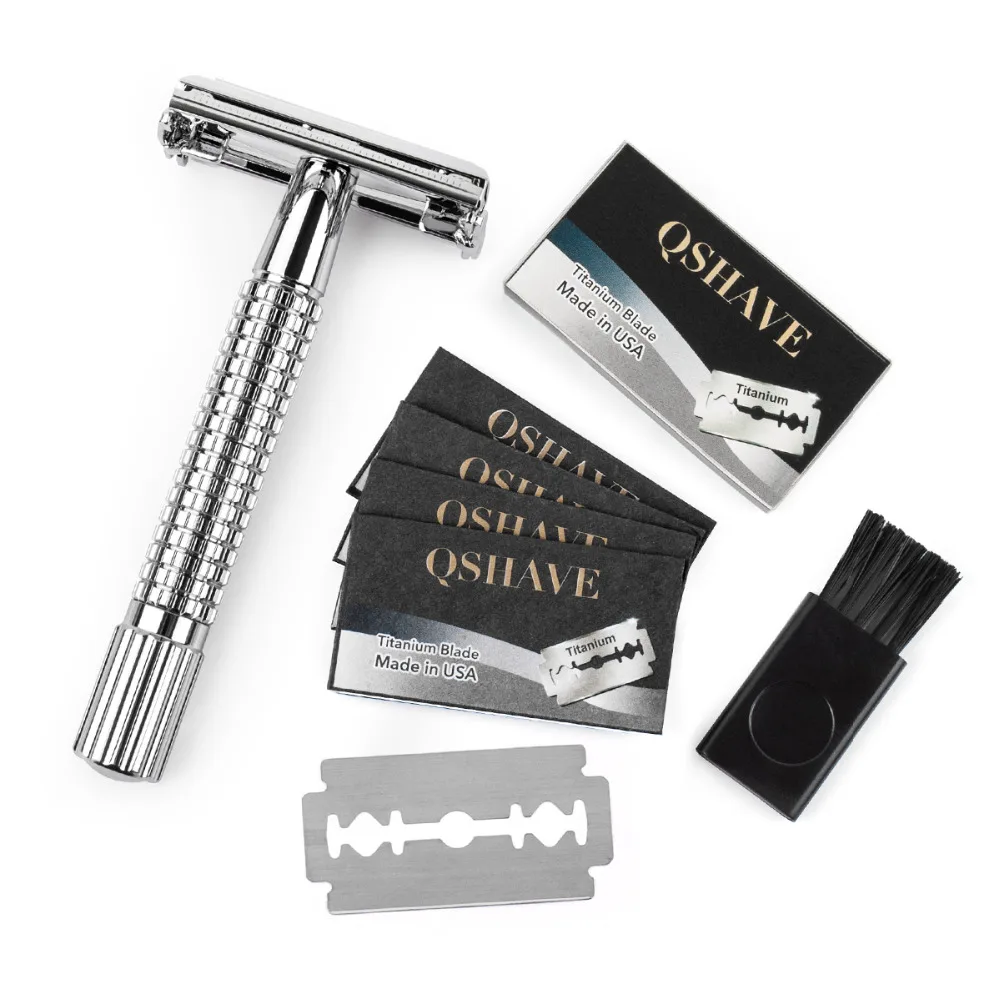 Фото QSHAVE 8,7 см короткая ручка классическая Безопасная бритва с 5 лезвиями в подарок посеребренный Эпилятор weishi прямая бритва удаление волос №2