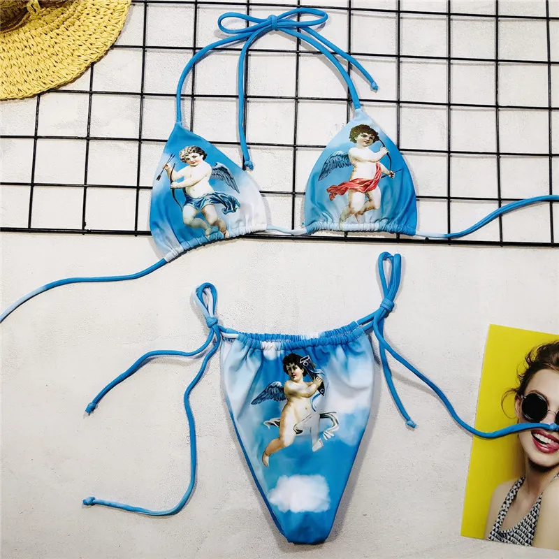 Женский купальник-бикини с принтом Love god пляжный купальный костюм треугольным