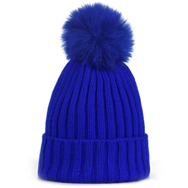 Navy Меховая шапка с помпоном, зимние детские шляпы, Skullies Beanies, Детские теплые шапки, эластичные вязаные шапки, детские меховые шапки с помпонами для мальчиков и девочек - Цвет: Navy