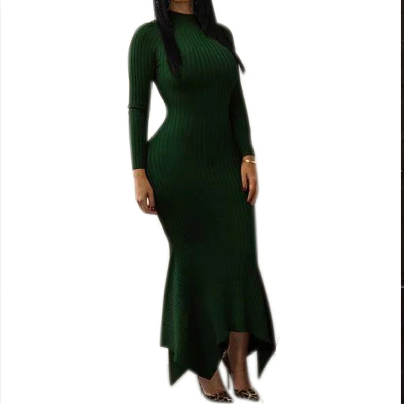 Full Sleeve Ribbed Knitted Dress Women Autumn Winter Bandage Bodycon Long Dresses Fashion Sweater Mermaid Party Wear | Женская одежда