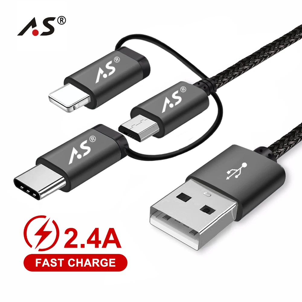 A.S оригинальный 3 в 1 USB кабель для iPhone 8X7 6 6S Plus 5 5S Samsung Xiaomi OnePlus Huawei Micro Type C кабели