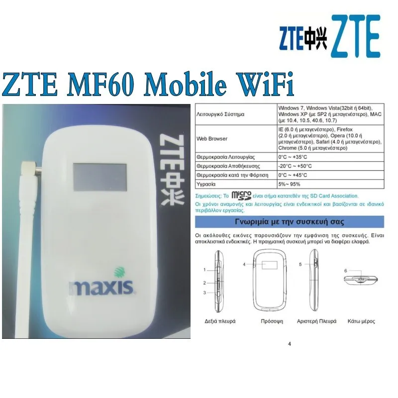 Мобильная Wi Fi точка доступа ZTE MF60 MiFi разблокированная SimFree 2G 3G HSUPA HSDPA UMTS 21 Мбит/с