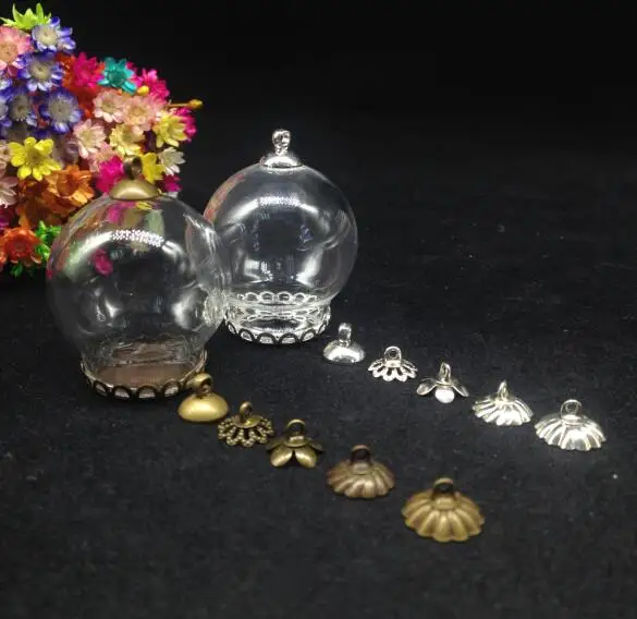 

20pcs 30*20mm glass globe silver/bronze plated lace tray beads cap glass vial pendant fashion necklace glass dome cover jar gift
