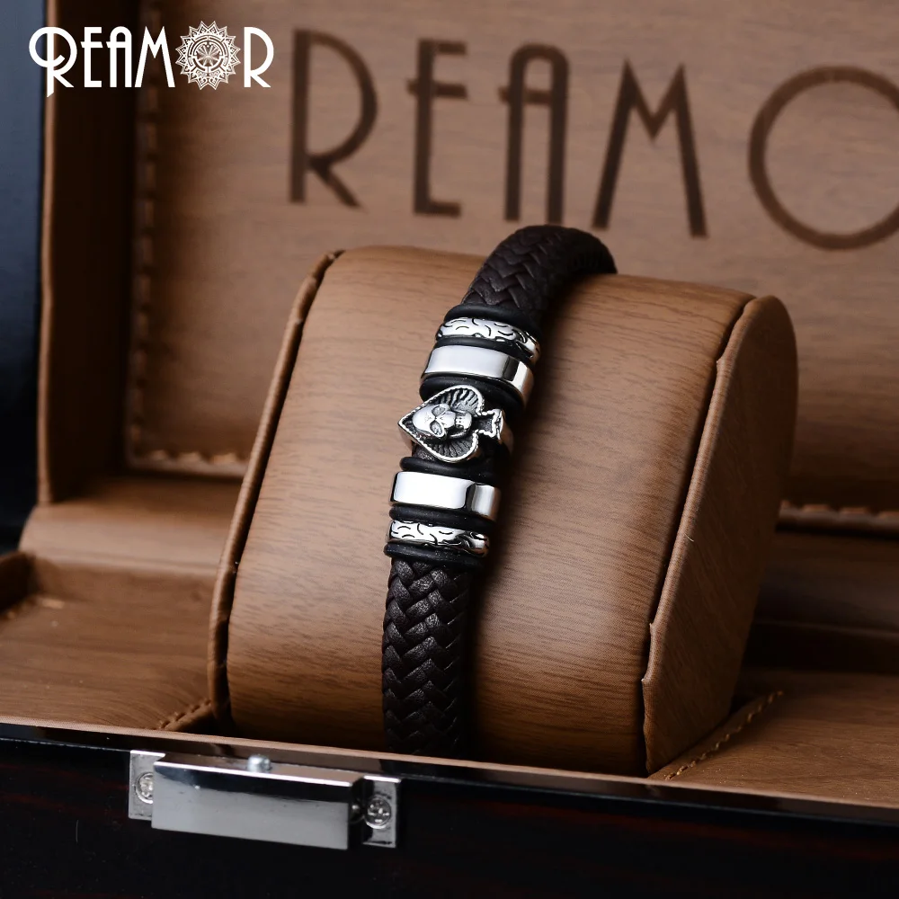 Мужской кожаный браслет REAMOR черный/коричневый из нержавеющей стали ширина 12 мм|men