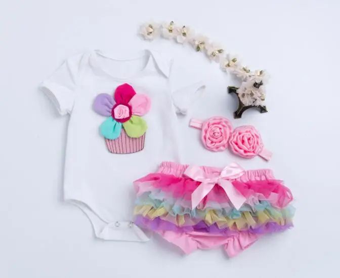 

white Romper Set Cartoon de bebes Bodysuit+ headband + shorts 3pcs baby girl clothing set pink Flowers Newborn Baby doll Clothes