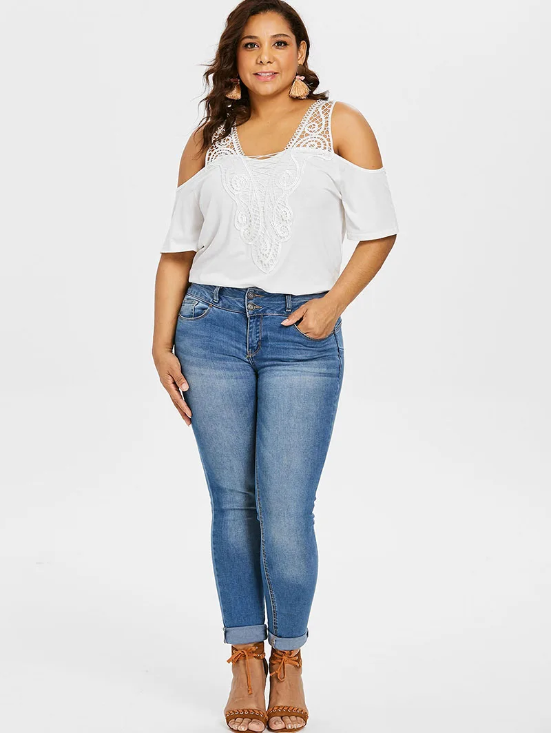 PlusMiss Plus Size 5XL Sexy Off the Shoulder White Lace Crochet Blouse Women Short Sleeve Tops Summer Big XXXXL XXXL XXL |