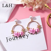lh 2018 female fashion drop earrings romantic charm imitation pearl pink flower carved dangle earrings for women jewelry gift