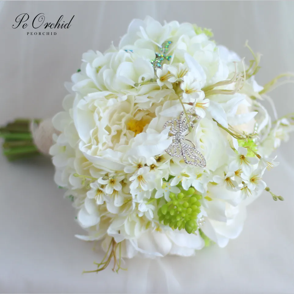 

PEORCHID белая Зеленая бабочка Свадебный букет невесты Цветы Роза Гортензия свадебная брошь искусственная