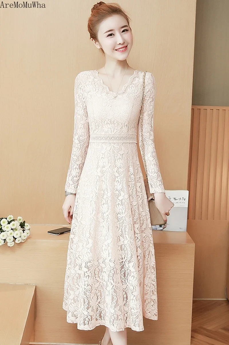 AreMoMuWha V collar lace long-sleeved dress 2019 Spring Autumn New style bottom medium length built knee dressmh329 | Женская одежда