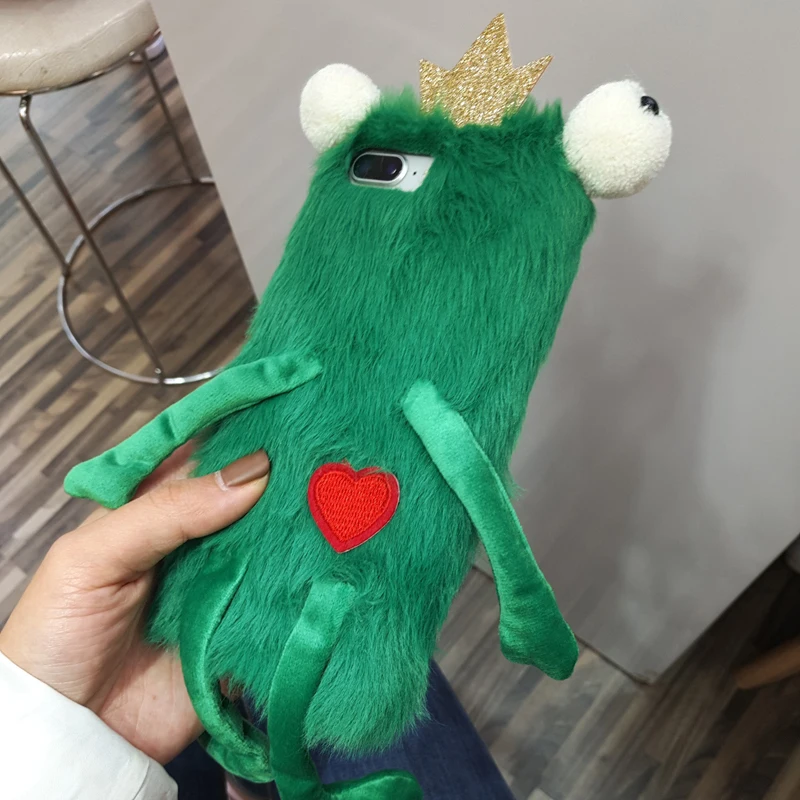 Cute Plush Fluffy Frog Cases for iPhone 11 pro max 8 Plus/7/8/6s plus/6 plus/6s/XS MAX/XR/XS/X Case 3D Winter Phone Cover | Мобильные