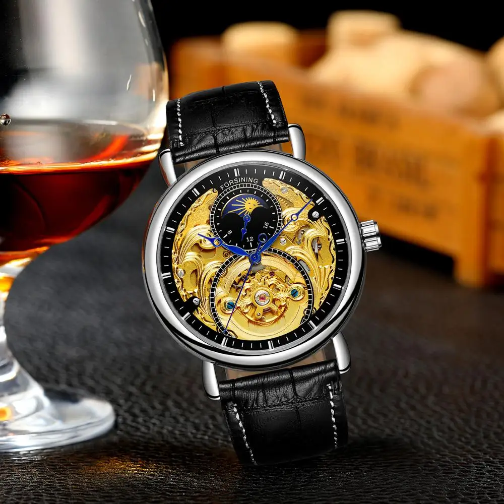 FORSINING автоматические часы мужские Sun Moon Phase Мужские Tourbillon механические 3ATM