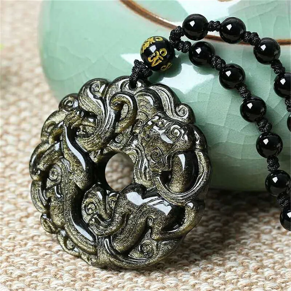 Genuine Natural Gold Obsidian Carving Pixiu Lucky Amulet Pendant Necklace For Women Men pendant | Украшения и аксессуары