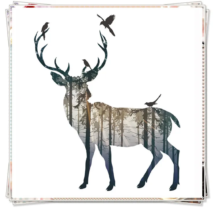 Триптих Скандинавская Картина на холсте силуэт семьи оленей с сосновой лесной