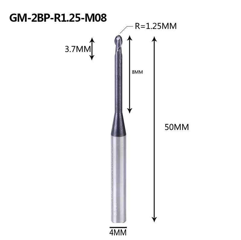 GM-2BP R1.0-R2.5, Вольфрамовая сталь, 2 флейты, круглый нос, длинная шея, короткая режущая кромка, с покрытием, Концевая фреза с ЧПУ, фреза, режущие инструменты - Длина режущей кромки: GM-2BP-R1.25-M08