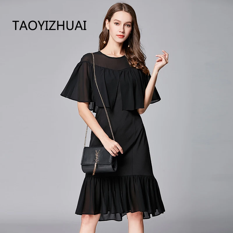 Женское платье с круглым вырезом TAOYIZHUAI однотонное Повседневное черного цвета