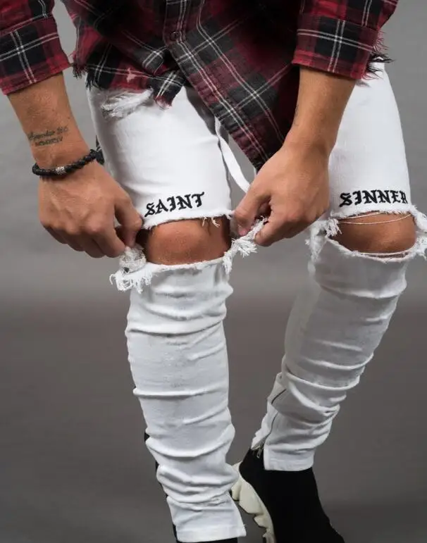 Новые мужские джинсы Pantalones уличные черные отверстия дизайнерские белые полосы