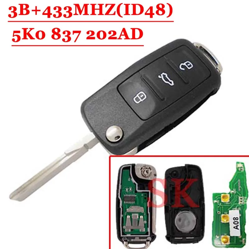 

(10pcs/lOT )5K0 837 202AD 3 button Remote key 433MHz ID48 Chip for VW GOLF PASSAT Tiguan Polo Jetta Beetle (1pc)