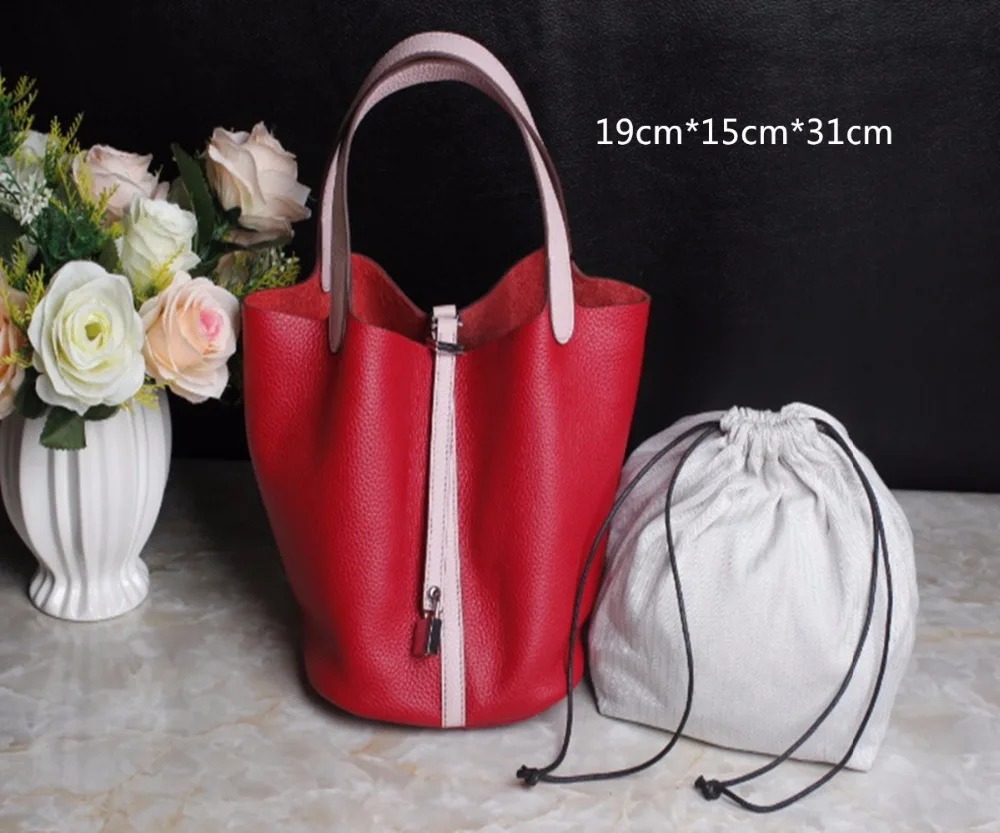 

2021 Shopping Basket Soft Tote Bags Handbags Women Famous Brands Genuine Leather Panelled Hasp Lock Bucket Bag Bolsa Feminina