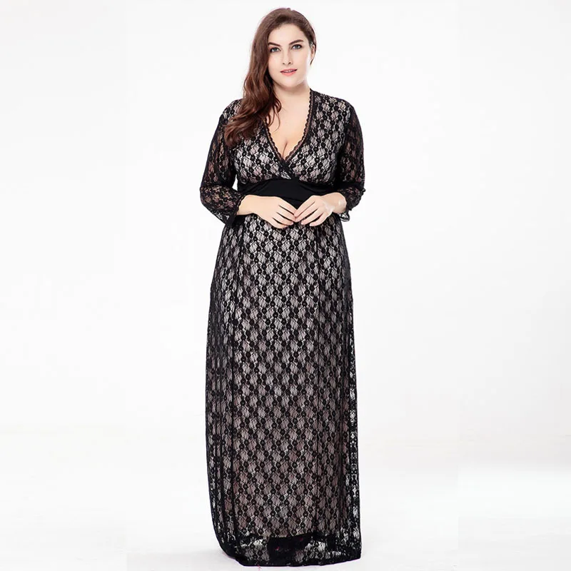 Платья размера плюс для женщин 4xl 5xl 6xl кружевное платье с длинным рукавом черное