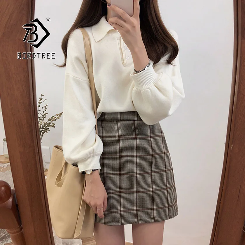 2019 Autumn New Women's Pullovers Sweater Turn-down Collar Full Lantern Sleeve Button Design Solid Korean Casual Tops T97322D | Женская